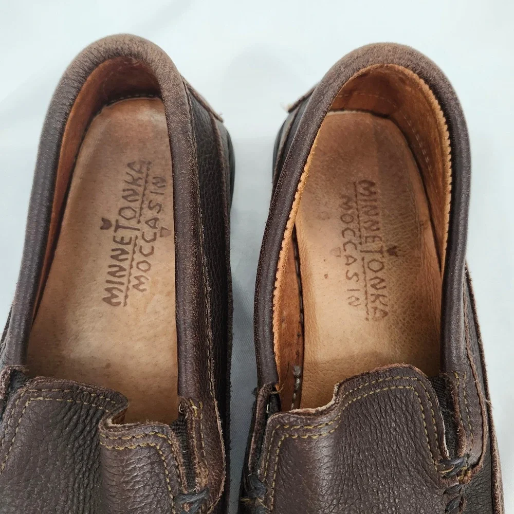 Minnetonka Moccasins Brown Leather Slip On‎ Driving Shoes Mens 8 Twin Gore 932